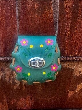 Vintage 70s Mexican Floral Butterfly Leather Mini Crossbody Hippy Halloween